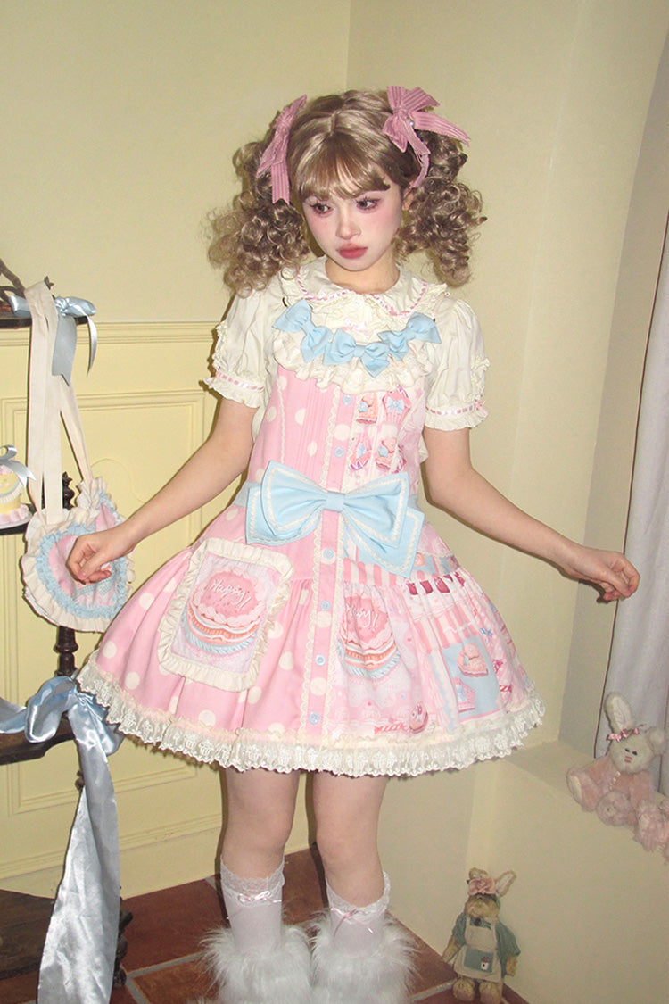 Pink Cake Chocolate Dessert Print Ruffle Bowknot Sweet Lolita Strap Dress - Product - 2