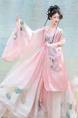 Pink Tang Dynasty Long Trumpet Sleeves Print Embroidery Sweet Hanfu Dress - Pink - 1