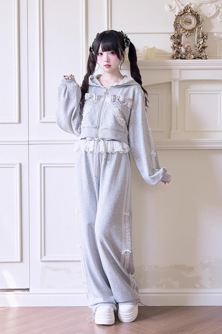 Sweet Long Sleeves Bowknot Lace Hooded Jirai Kei Hoodie Pants Set 3 Colors - Grey - 5