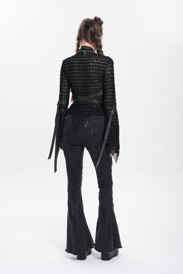 Black Stand Collar Long Sleeves Mesh Buckle Straps Women's Punk Blouse - Product - 13