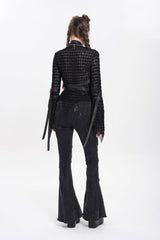 Black Stand Collar Long Sleeves Mesh Buckle Straps Women's Punk Blouse - Product - 13