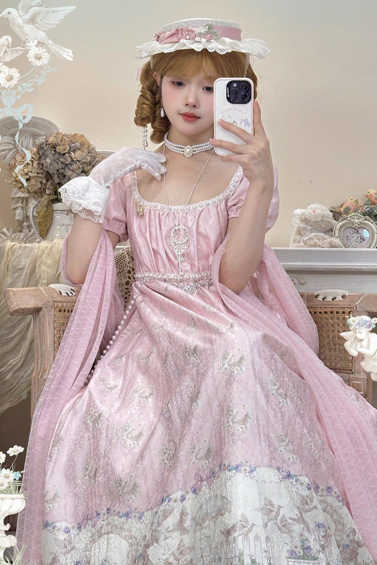 Pink [Spring of Nai] Square Collar Short Sleeves Print Pearl Sweet Elegant Lolita Dress - Product - 4