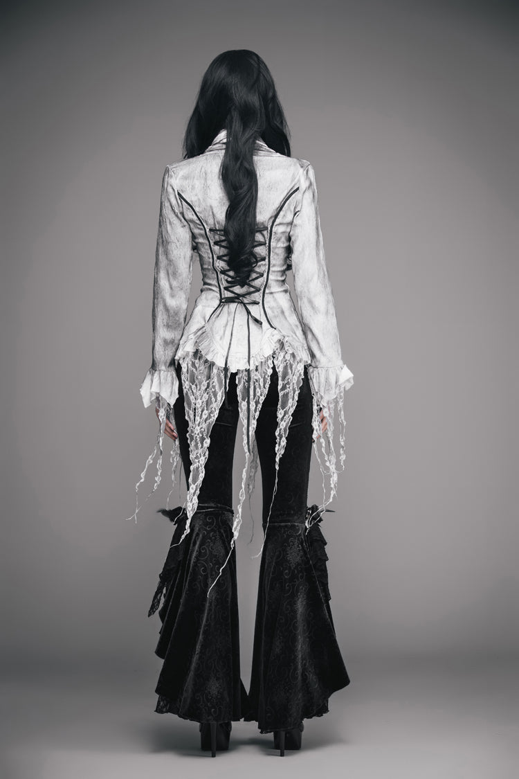 White Printed V-Neck Long Sleeve Flare Cuff Back Waist Lace-Up Irregular Lace Tassels Hem Women's Gothic Blouse - Product - 7