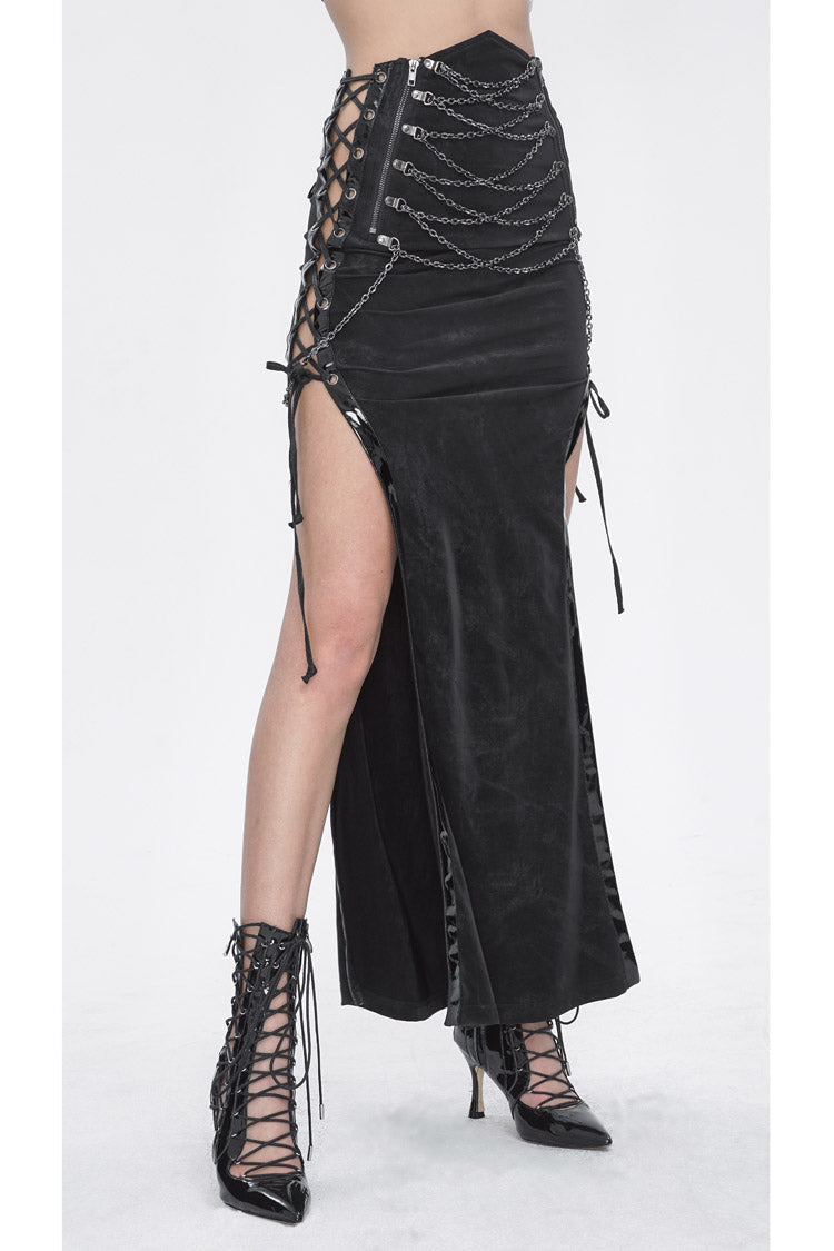 Black High Waisted Side Slit Slim Women's Steampunk Skirt - Product - 3