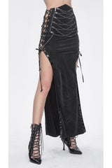 Black High Waisted Side Slit Slim Women's Steampunk Skirt - Product - 3