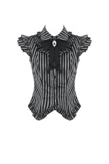 Black/White Vertical Striped Turn-down Collar Ruffled Women's Gothic Blouse with Detachable Tie - Product - 3