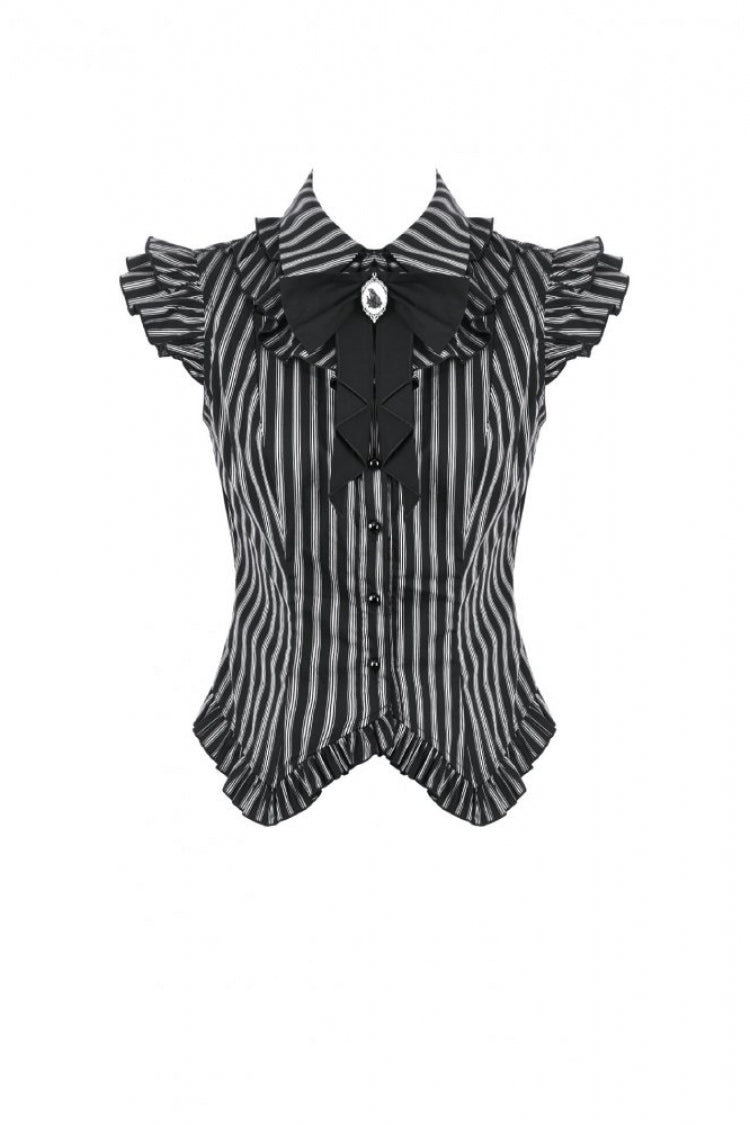 Black/White Vertical Striped Turn-down Collar Ruffled Women's Gothic Blouse with Detachable Tie - Product - 3