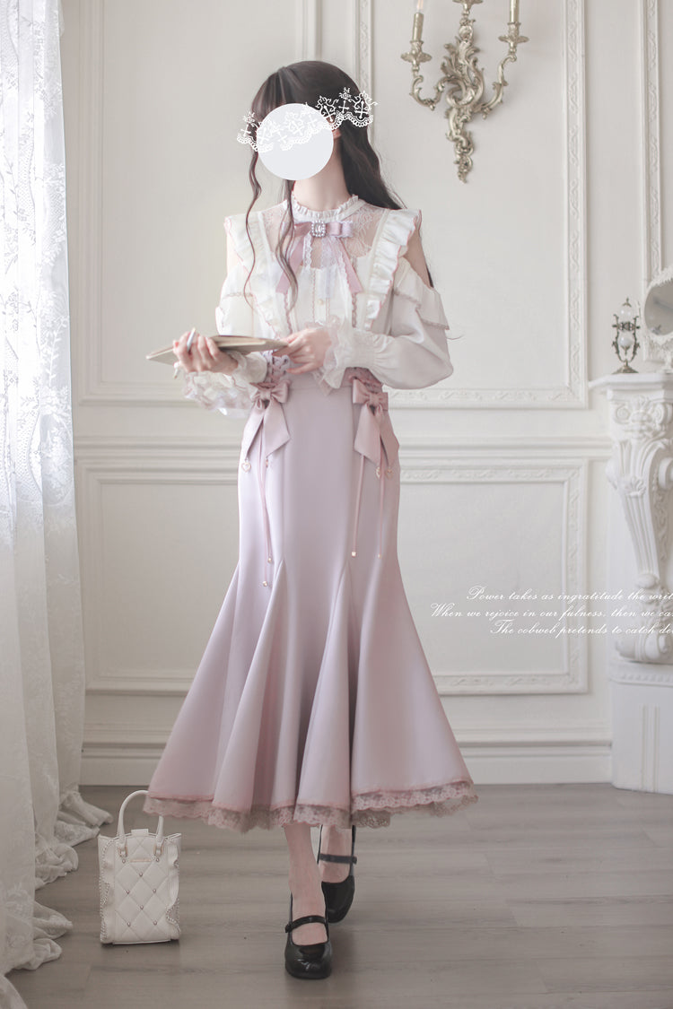 Pink Ruffle Bowknot Slim Sweet Elegant Lolita Fishtail Skirt Dress - Product - 5