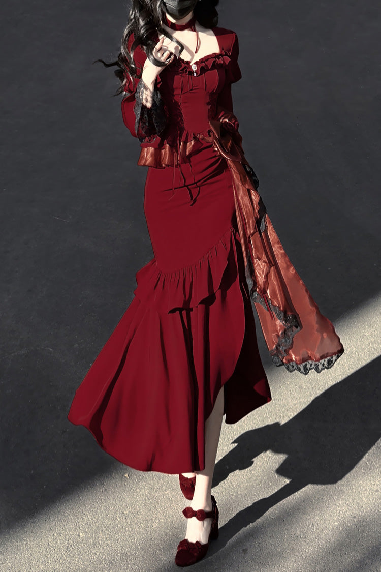 Red Rose Long Sleeves Bowknot Classic Elegant Princess Mermaid Lolita Dress - Product - 2