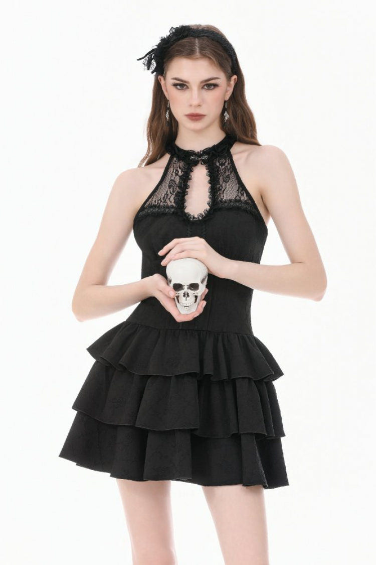 Black Off Shoulder Lace Halterneck Triple-Layered Ruffled Cut-Out Lace-Up Women's Gothic Dress - Product - 5