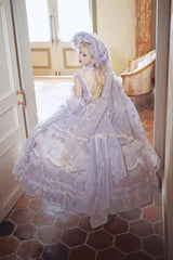 Purple [The Runaway Princess] Sleeveless Multi-Layered Printed Hanayome Bow Lace Pearl-Decorated Sweet Plus Size Gorgeous Lolita Jsk Dress - Product - 4