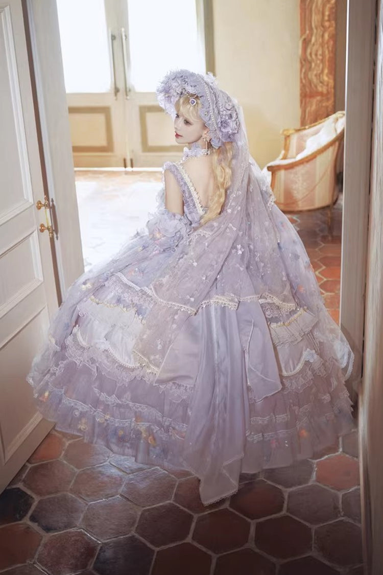 Purple [The Runaway Princess] Sleeveless Multi-Layered Printed Hanayome Bow Lace Pearl-Decorated Sweet Plus Size Gorgeous Lolita Jsk Dress - Product - 4