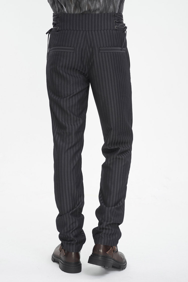 Black High Waisted Lace-Up Striped Men's Gothic Pants - Product - 4