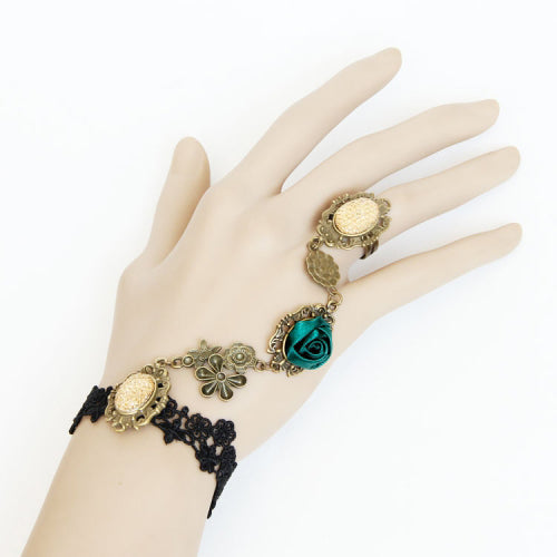 Green Rose Retro Fashion Black Lace Female Lolita Ring Bracelet - Green - 1