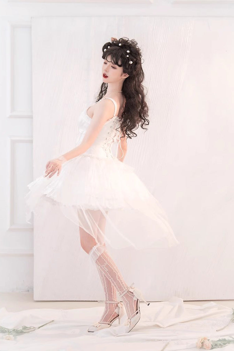 White High Waisted Multi-layer Rose Bowknot Lace-Up Gothic Lolita Jsk Dress - Product - 6