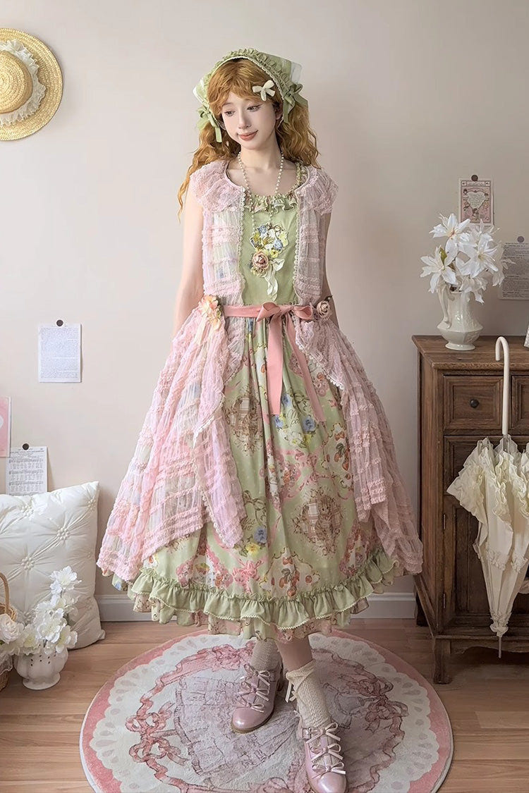 Green [Cat Rose Tea] Sleeveless Print Ruffle Bowknot Sweet Lolita Jsk Dress - Product - 2