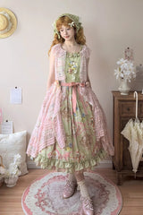 Green [Cat Rose Tea] Sleeveless Print Ruffle Bowknot Sweet Lolita Jsk Dress - Product - 2
