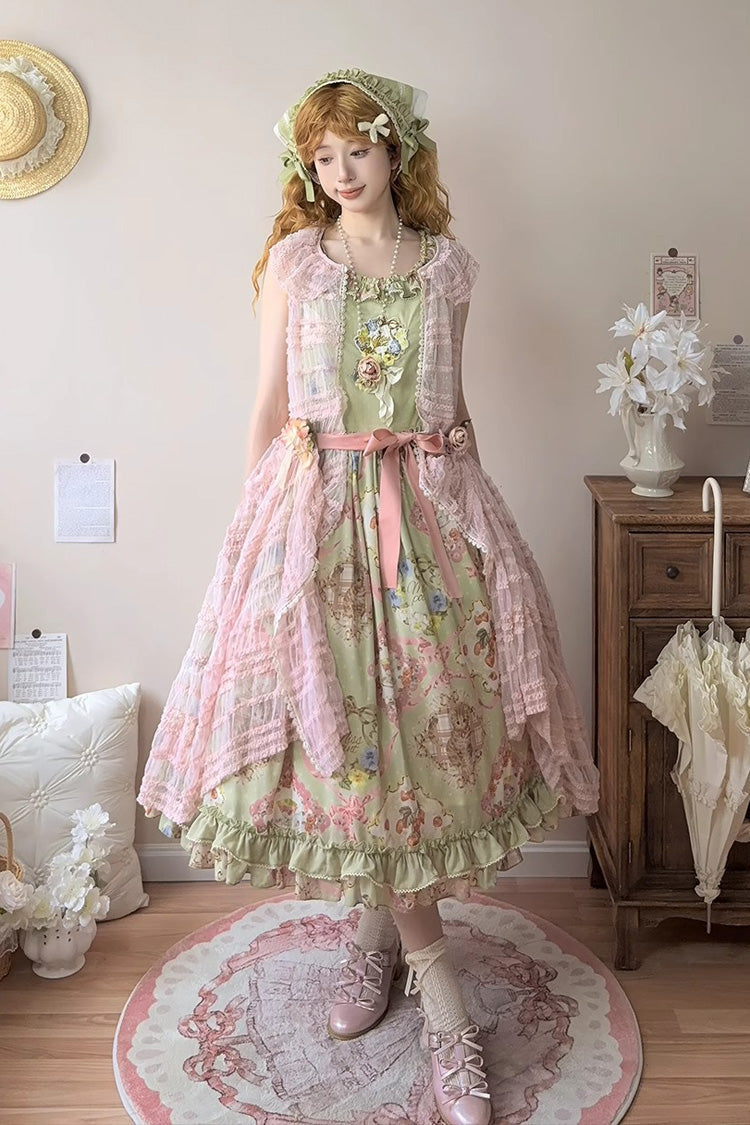 Green [Cat Rose Tea] Sleeveless Print Ruffle Bowknot Sweet Lolita Jsk Dress - Product - 2