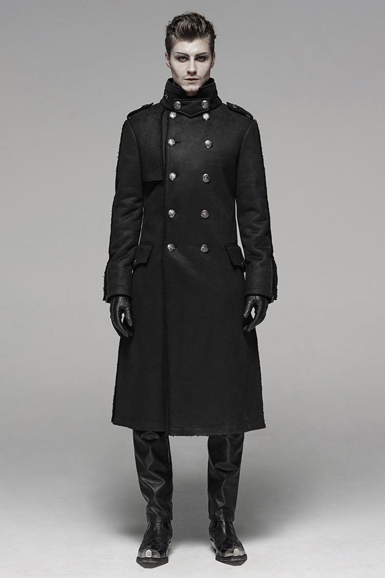 Black Long Sleeves Double-breasted Men's Gothic Military Long Coat - Black - 1