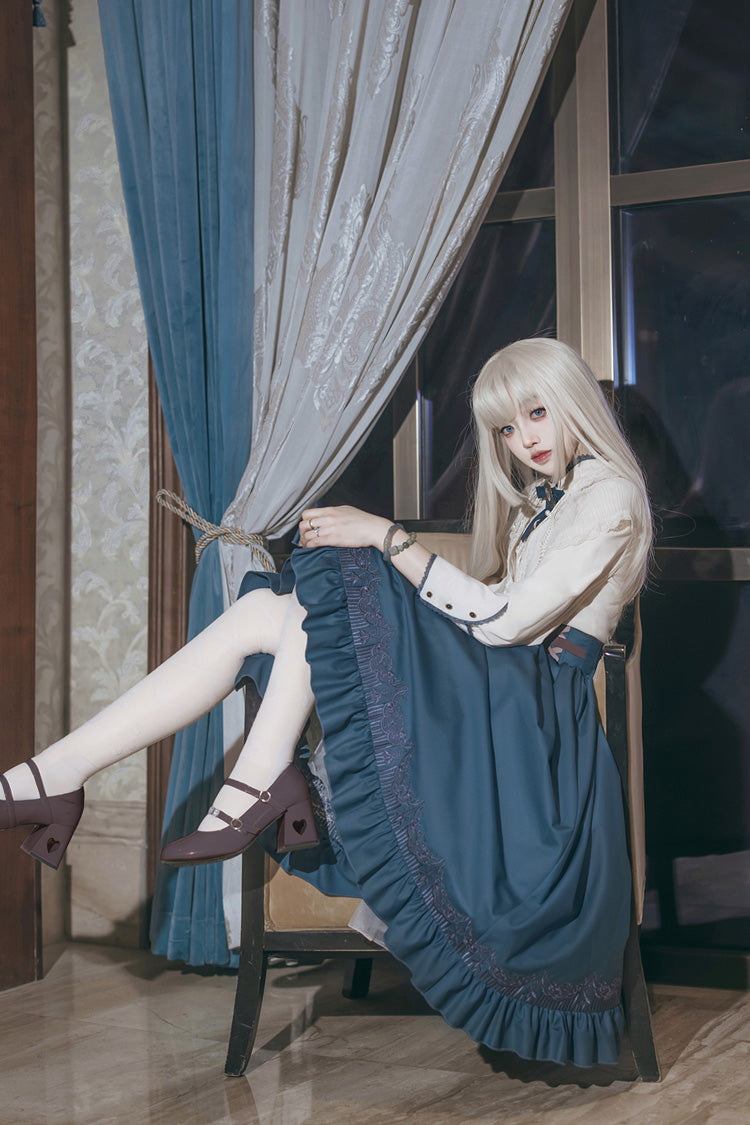 Blue Ruffle Embroidery Lace-Up Sweet College Style Elegant Lolita Skirt - Product - 5