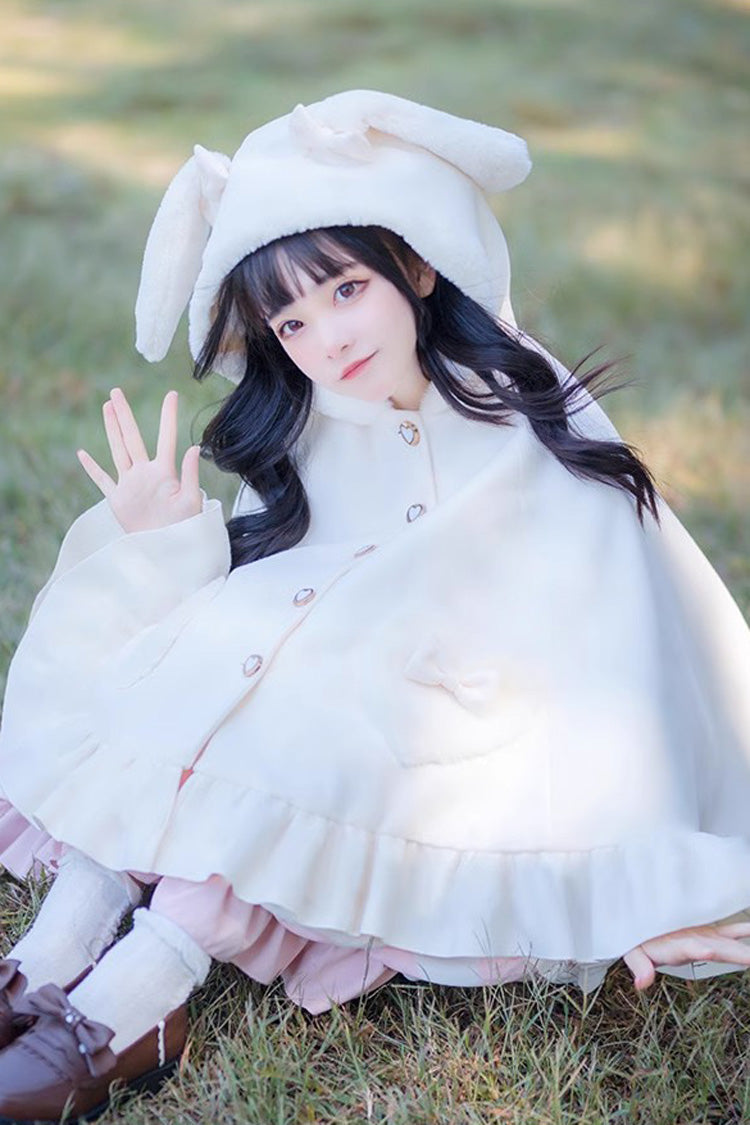 White Plush Bunny Ears Bowknot Buttons Princess Sweet Lolita Cloak Coat - Product - 3