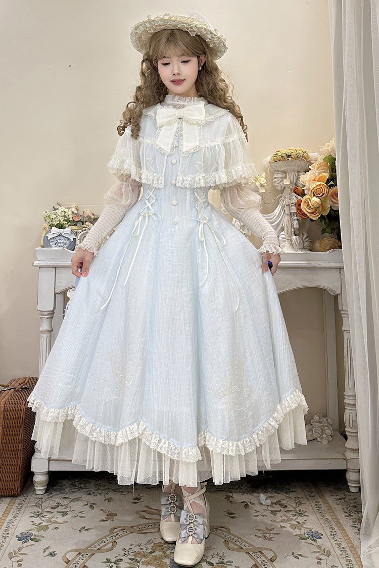 Light Blue [Wind Chime] Ruffled Embroidered Bow Lace Lace-Up Sweet Lolita Dress - Product - 4
