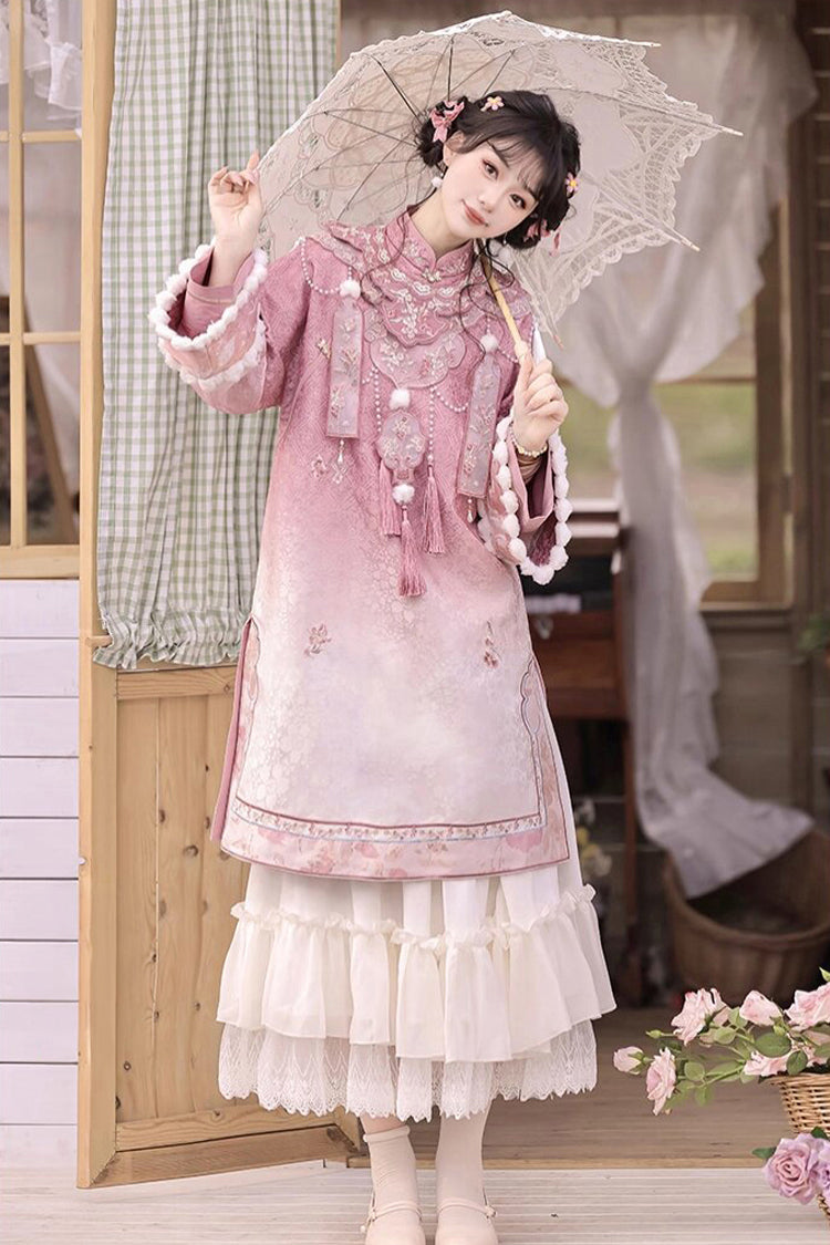 Pink Round Collar High Waisted Embroidery Women's Elegant Hanfu Dress Full Set - Product - 4