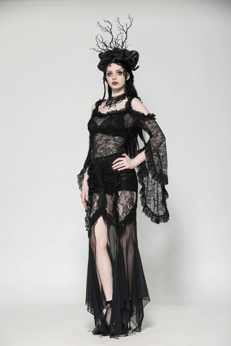 Black Off Shoulder Long Flare Sleeves Lace Women's Gothic Romantic Top - Product - 12