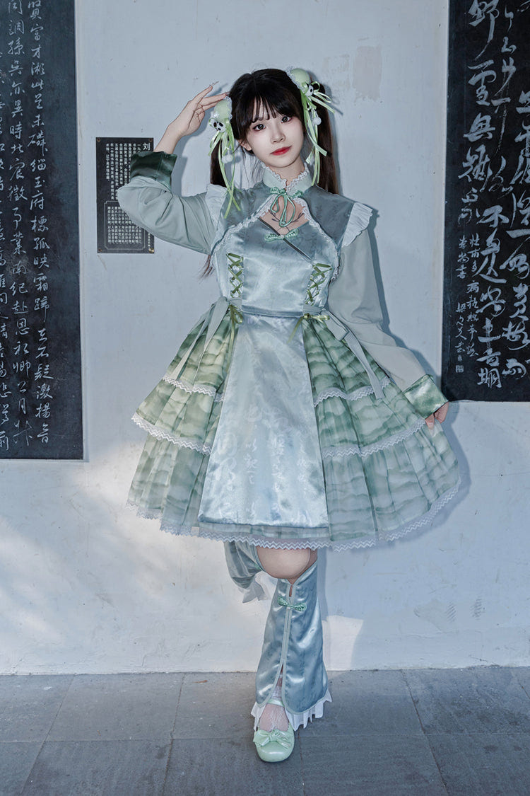 Cheongsam Ink Print Multi-layer Bowknot Sweet Chinese Style Princess Lolita Jsk Dress 2 Colors - Product - 9