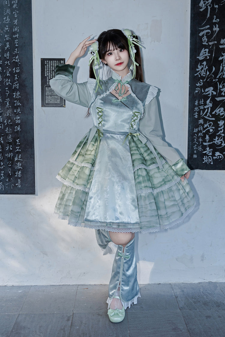 Cheongsam Ink Print Multi-layer Bowknot Sweet Chinese Style Princess Lolita Jsk Dress 2 Colors - Product - 9