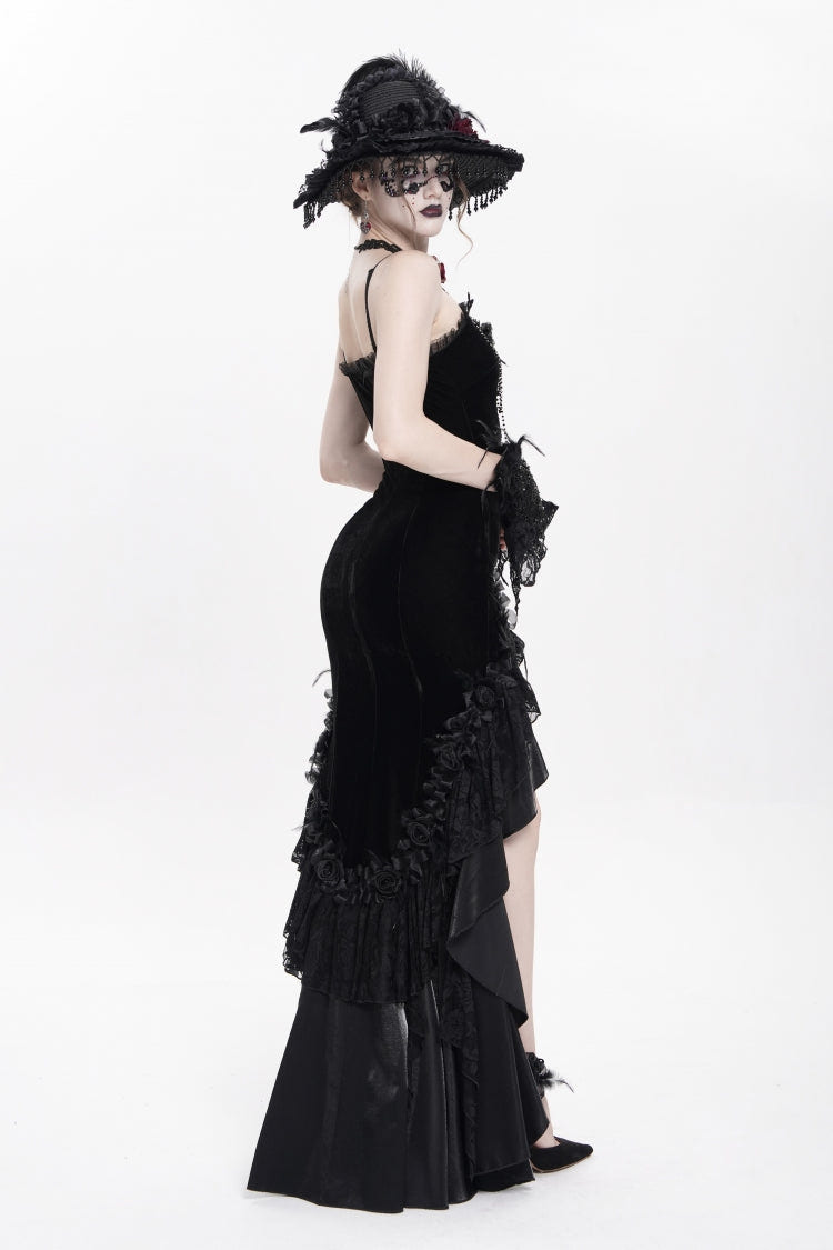 Black Sleeveless Cross Ruffled Floral Embroidered Chain-Decorated Women's Gothic Long Slip Dress - Product - 12
