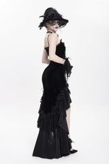 Black Sleeveless Cross Ruffled Floral Embroidered Chain-Decorated Women's Gothic Long Slip Dress - Product - 12