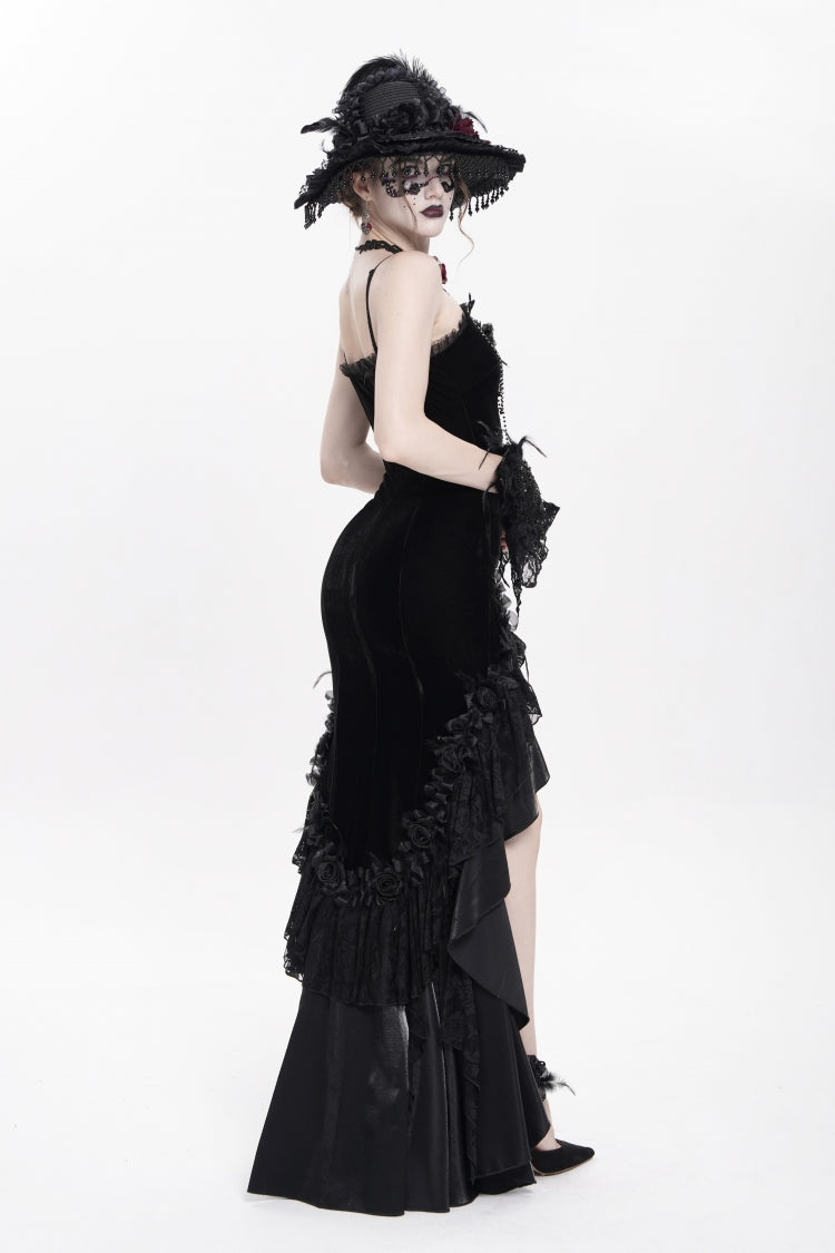 Black Sleeveless Cross Ruffled Floral Embroidered Chain-Decorated Women's Gothic Long Slip Dress - Product - 12