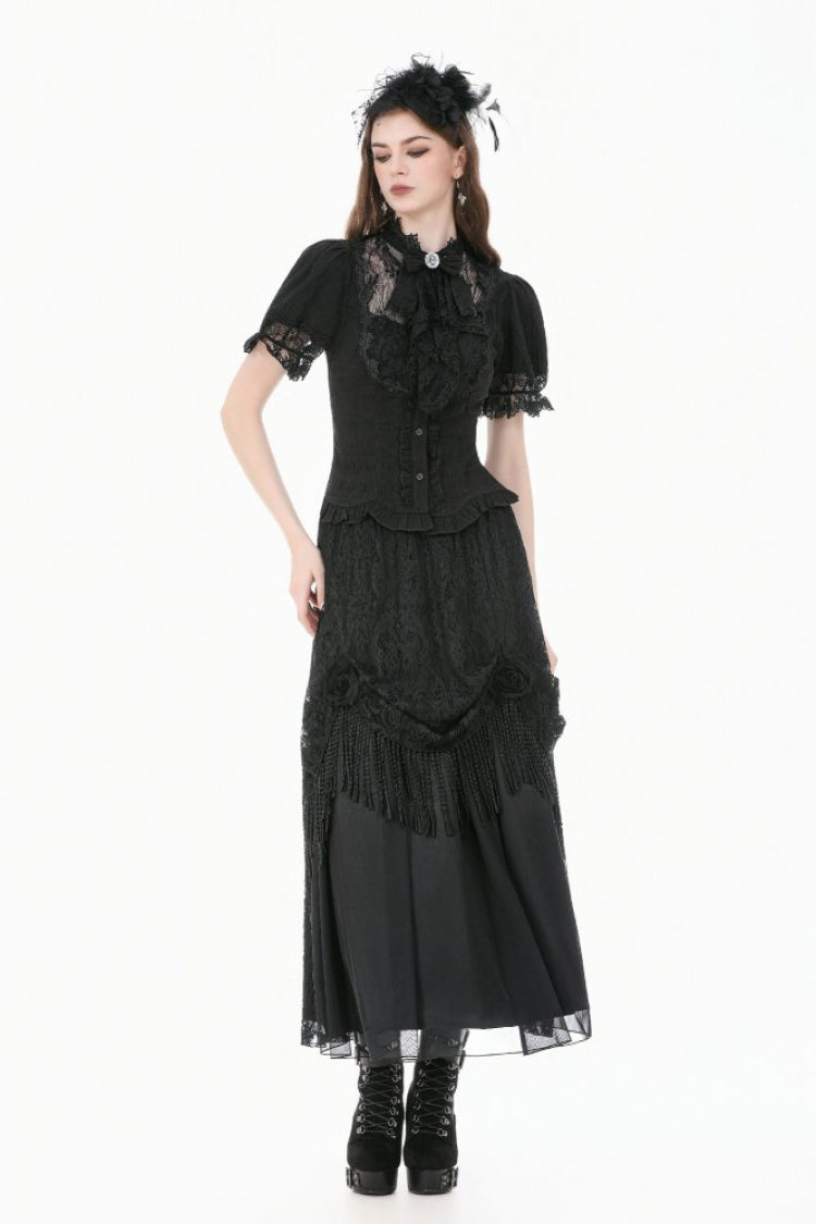 Black Stand Collar Short Puff Sleeves Sheer Lace Lace-Up Women's Gothic Blouse with Detachable Bowknot - Product - 8