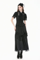 Black Stand Collar Short Puff Sleeves Sheer Lace Lace-Up Women's Gothic Blouse with Detachable Bowknot - Product - 8