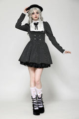 Black/White Striped Ruffled Lace Stand Collar Bow Long Sleeves Lace-Up Women's Gothic Lolita Graduation Dress - Product - 10