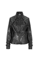 Black Stand Collar Crackled Buckle Women's Punk Jacket - Product - 8