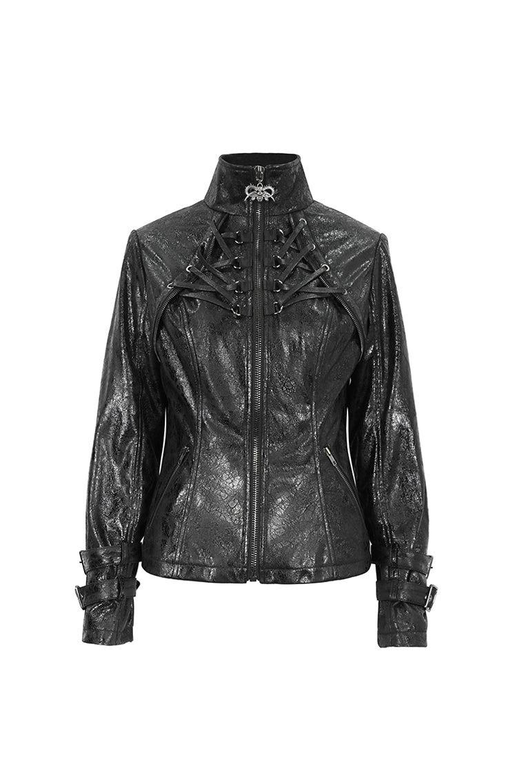 Black Stand Collar Crackled Buckle Women's Punk Jacket - Product - 8