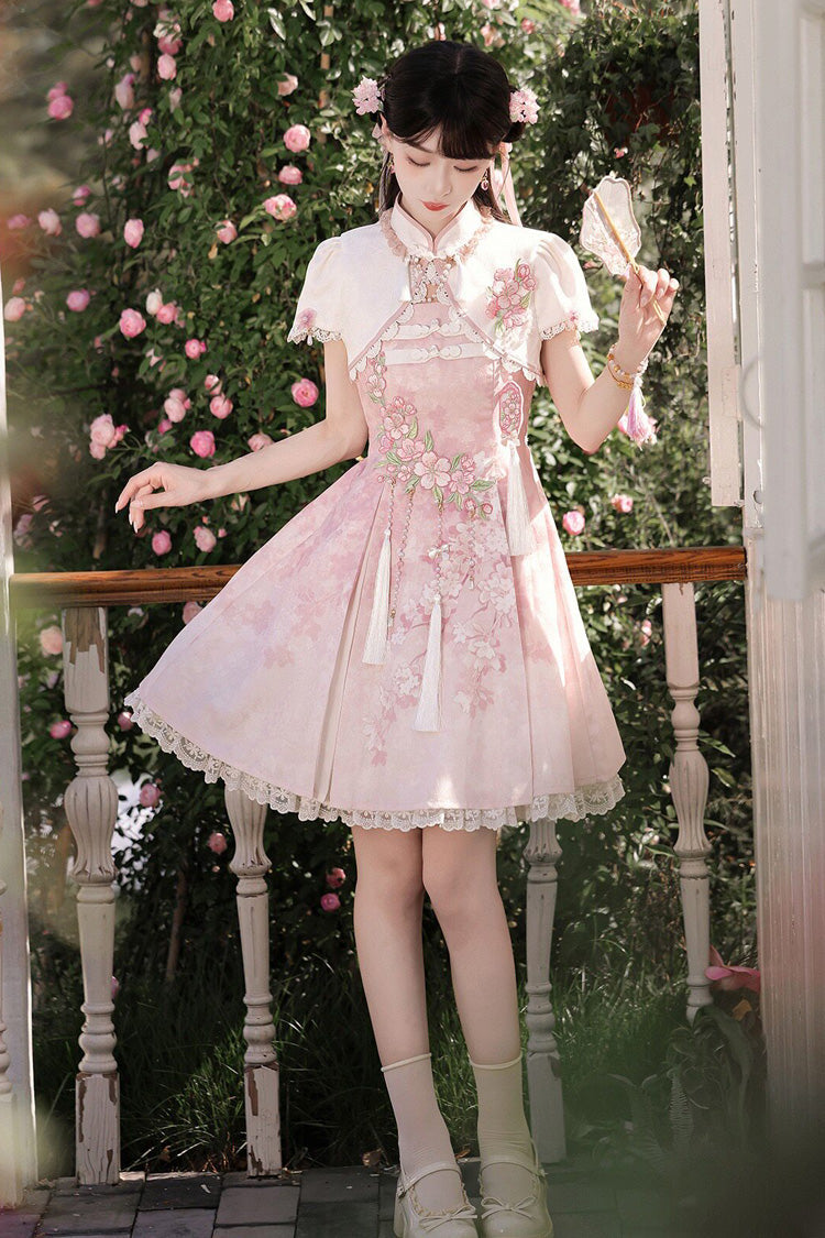Pink [Whispers on Falling Cherry Blossoms] Printed Embroidered Tassel Sweet Classic Chinese Style Lolita Jsk Dress Set - Product - 10