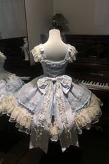 Blue [Dreaming Butterfly] Multi-Layered Jacquard Ruffle Bowknot Lace Sweet Princess Lolita Jsk Dress - Product - 11