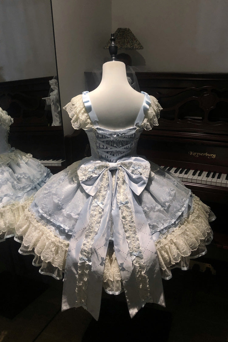 Blue [Dreaming Butterfly] Multi-Layered Jacquard Ruffle Bowknot Lace Sweet Princess Lolita Jsk Dress - Product - 11