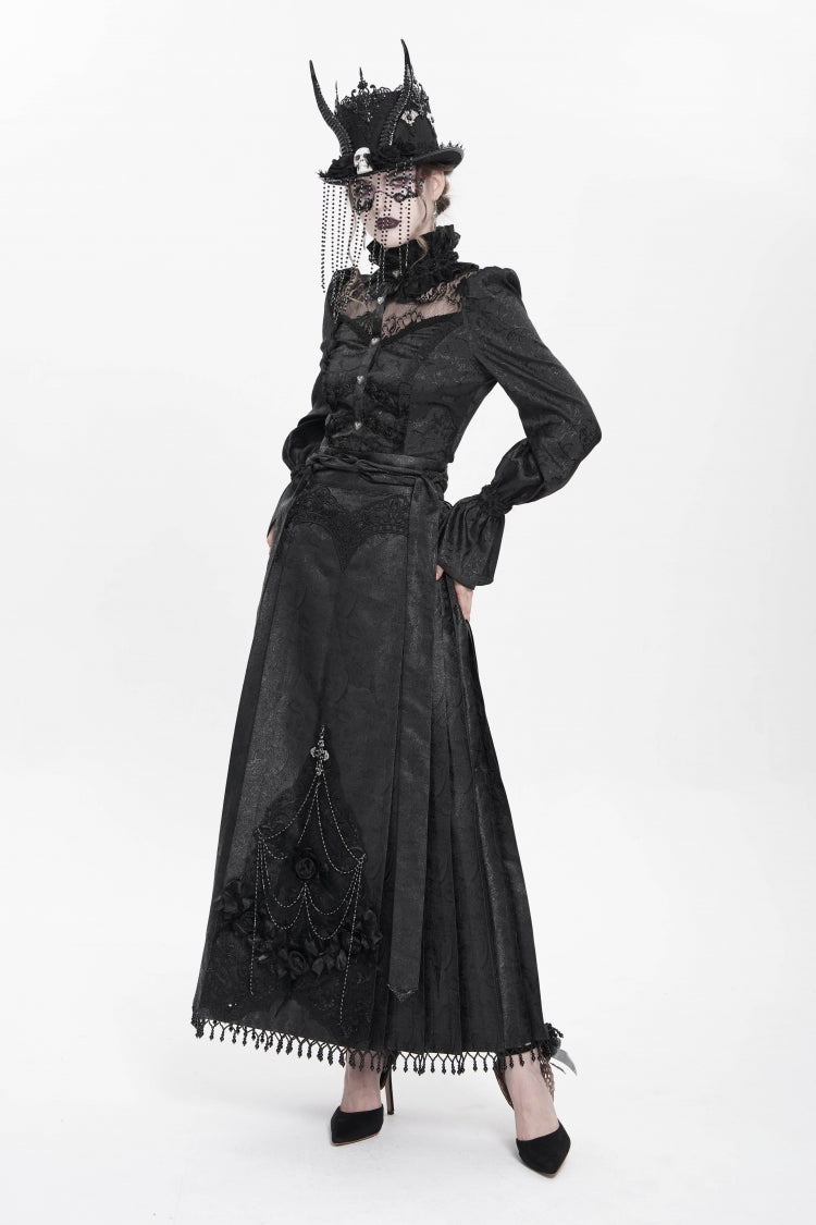 Black Floral Cross Embroidery Chain Women's Gothic Horse-face Long Skirt - Product - 14