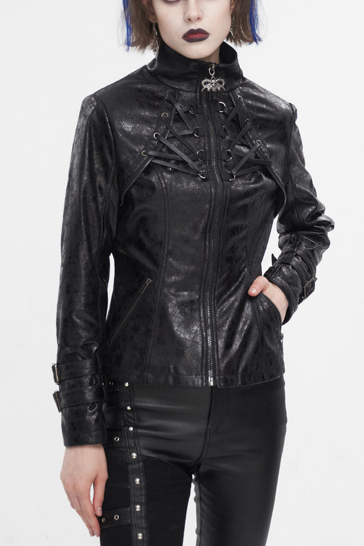 Black Stand Collar Crackled Buckle Women's Punk Jacket - Black - 1