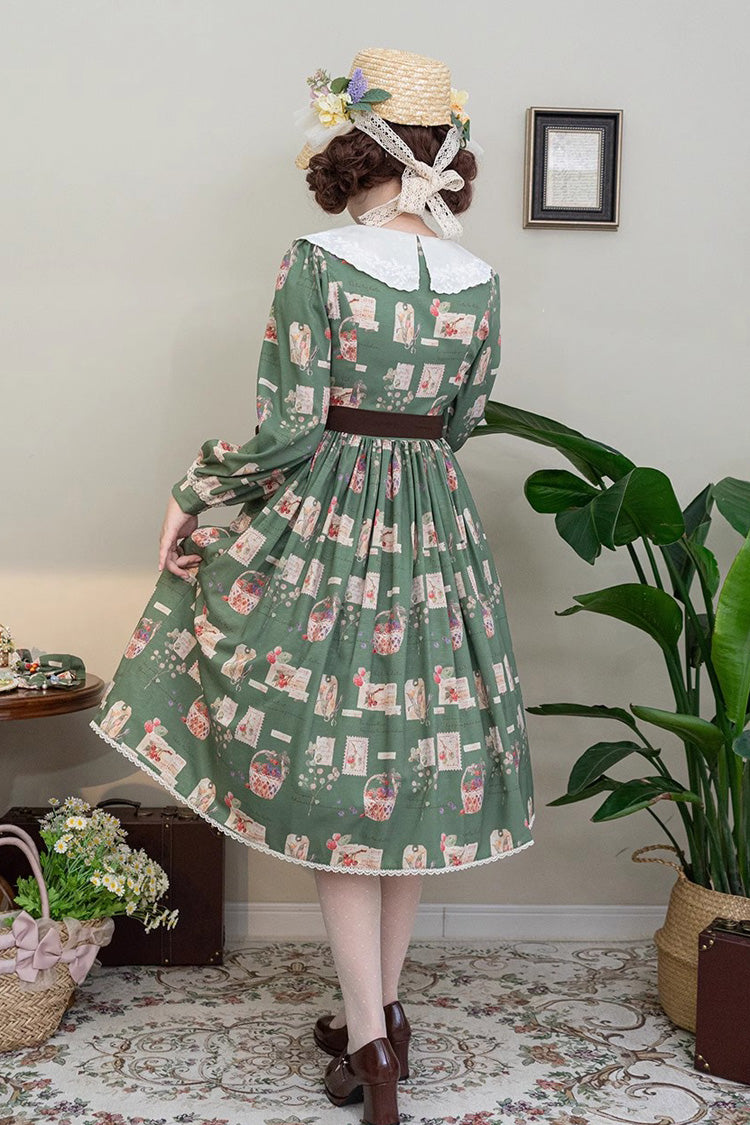Forest Illustrated Book Long Lantern Sleeves Print Ruffle Sweet Lolita OP Dress 3 Colors - Product - 24