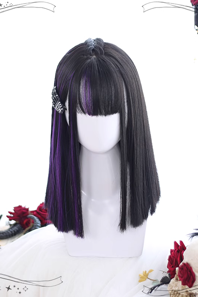 Purple Highlights Air bangs Medium length Hair  Gothic Lolita Wigs - Purple/Black - 1