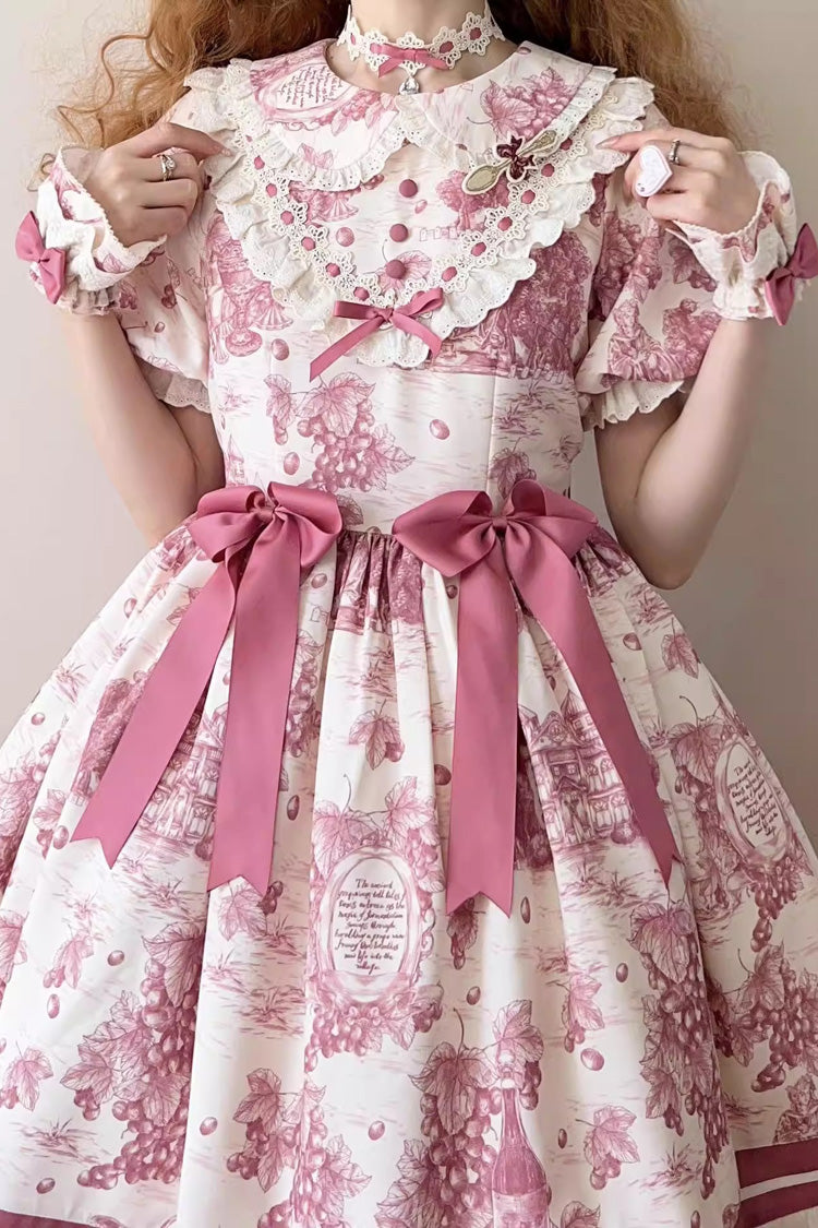 Rose Red [Grape Moon Almanac] Short Sleeves Multi-Layered Printed Ruffled Bow Sweet Lolita Dress - Product - 5