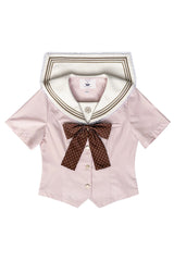 Pink Short Sleeves Triple-Layered Ruffled Bow Plus Size Japanese Preppy Style Sweet Sailor Collar Two-piece Set - Top(Only) - 8