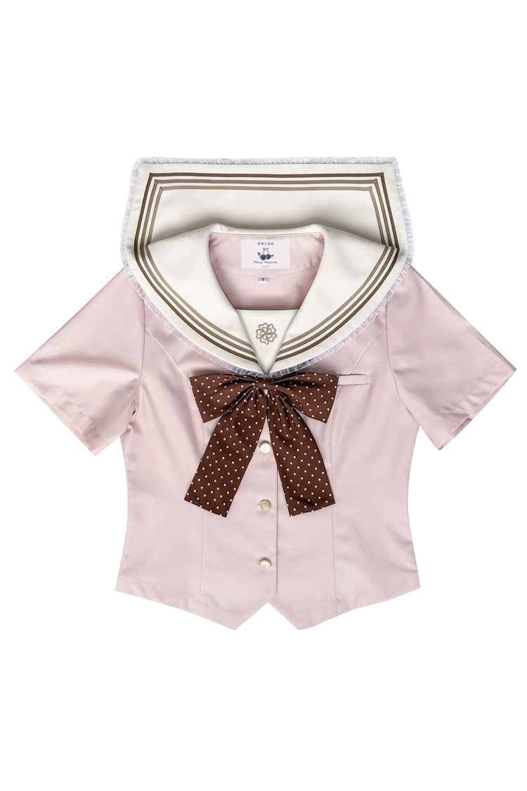 Pink Short Sleeves Triple-Layered Ruffled Bow Plus Size Japanese Preppy Style Sweet Sailor Collar Two-piece Set - Top(Only) - 8