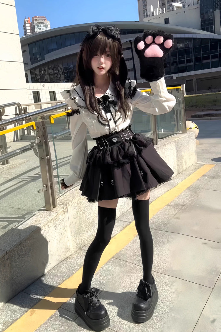 Black/White Doll Collar Long Sleeves Ruffled Bow Sweet Jirai Kei Skirt Set - Product - 4