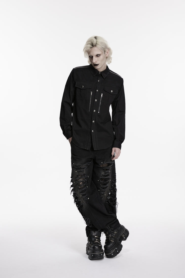 Black Lapel Collar Long Sleeves Zippered Men's Punk Cool Shirt - Product - 2